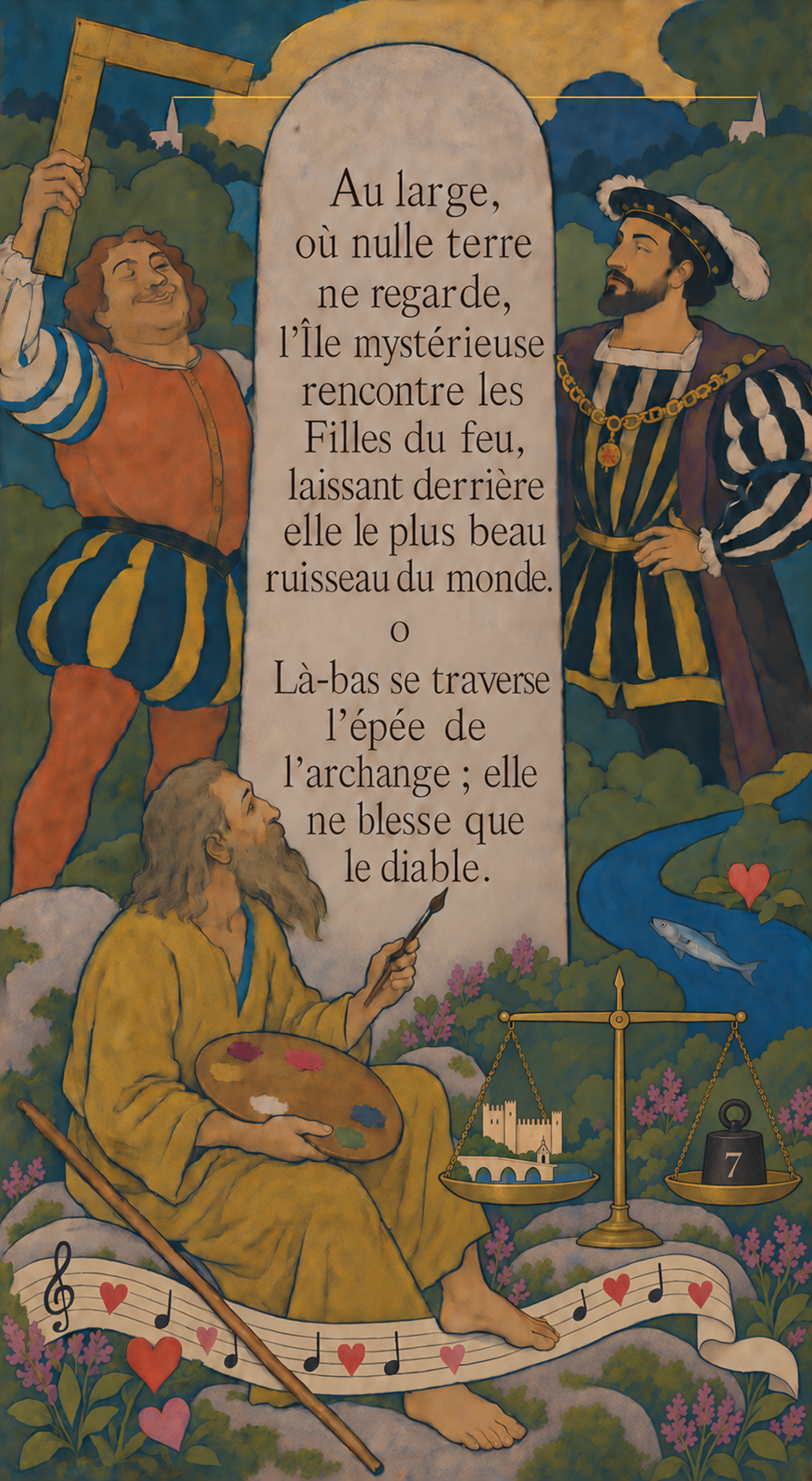 Panneau peint à la manière des Nabis : une stèle gravée des deux stances, entourée d'un géant à l'équerre, d'un roi au bord d'une rivière, d'un peintre vêtu en prophète, de cœurs sur une portée, et d'une balance à l'équilibre.